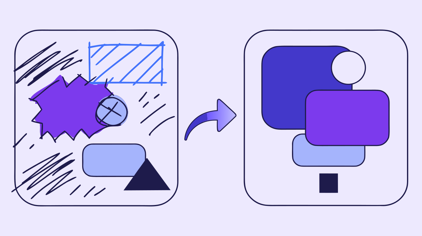 A rough pencil storyboard sketch transforming into a clean AI-generated vector storyboard panel