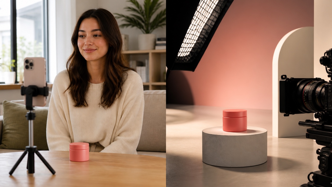 A side-by-side comparison of a creator filming a UGC product review at home and a traditional commercial product shoot with a cinema camera and studio lights