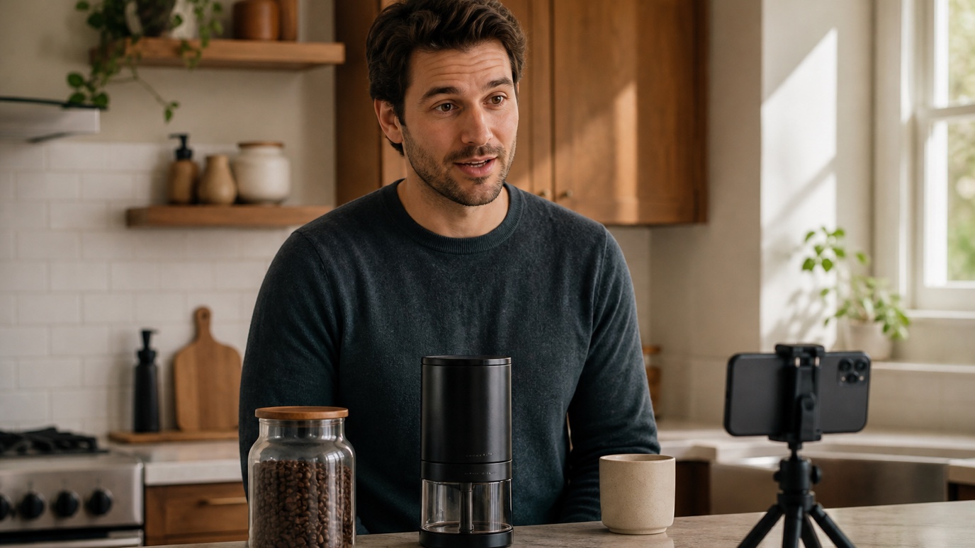 A creator demonstrating an unbranded coffee product to a smartphone camera in a real kitchen for a UGC video ad