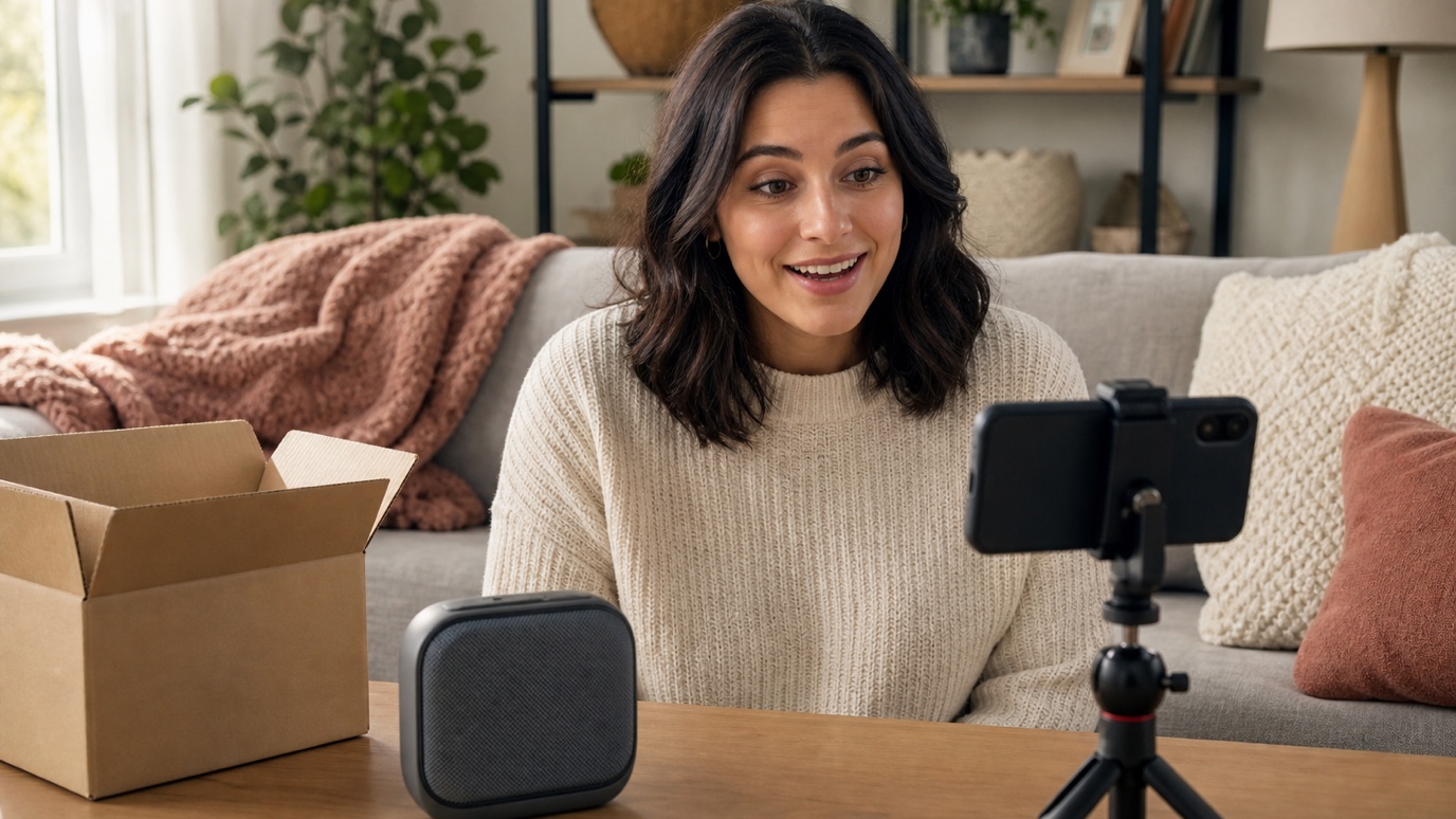 A creator filming an unboxing and casual product review with a smartphone in a living room