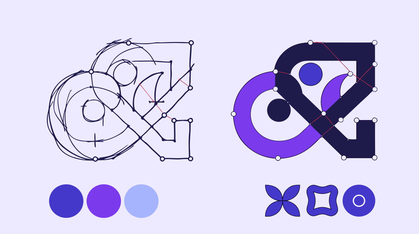 A rough logo sketch being traced into clean vector paths alongside a matching color palette and icon set