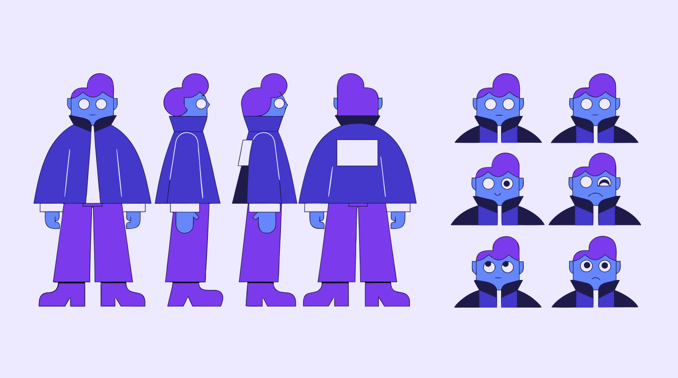 Character turnaround views and expression grid on a reference sheet layout