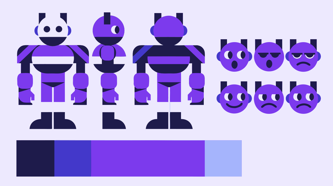 Finished character reference sheet with turnaround, palette, and expression grid exported as vector art
