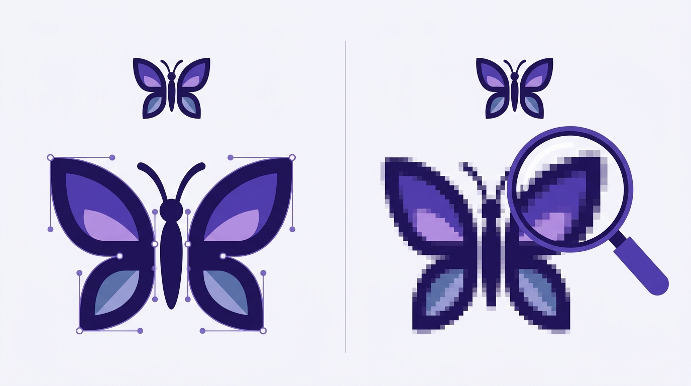 Side-by-side comparison of a crisp SVG with visible path nodes and the same image as a PNG that pixelates when enlarged