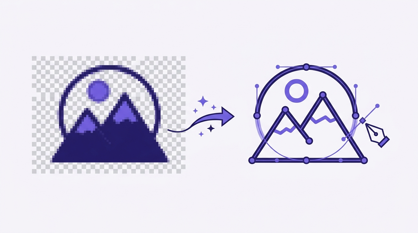 A pixelated PNG logo being traced back into clean vector paths with bezier nodes, converting PNG to SVG