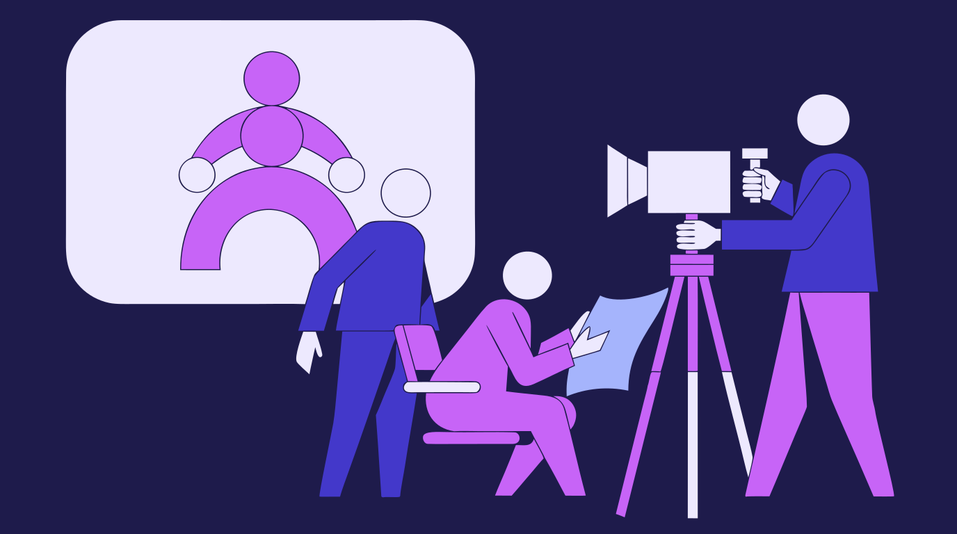 A film crew on set checking a shot list against an AI-generated reference frame before rolling camera