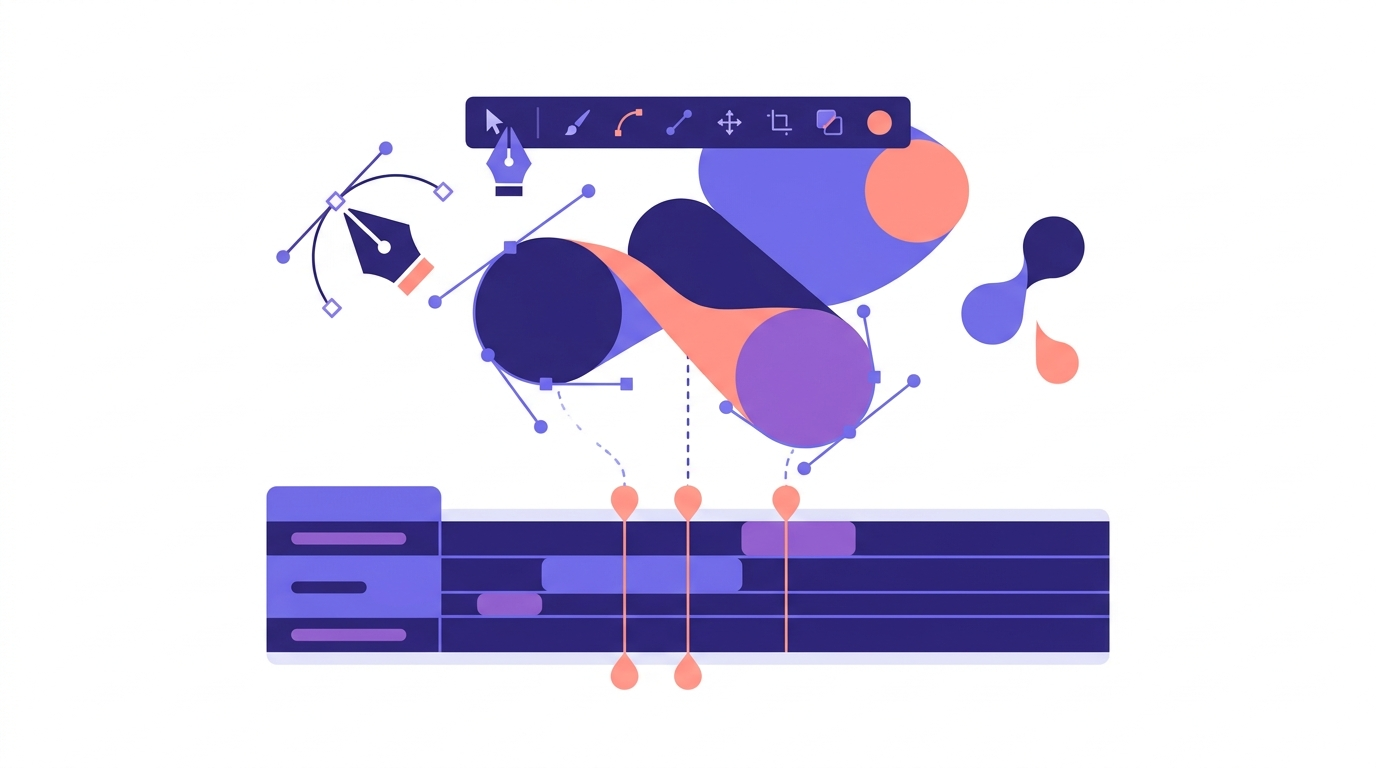 Vector editing toolbar with path nodes and layers producing title graphics for a video project