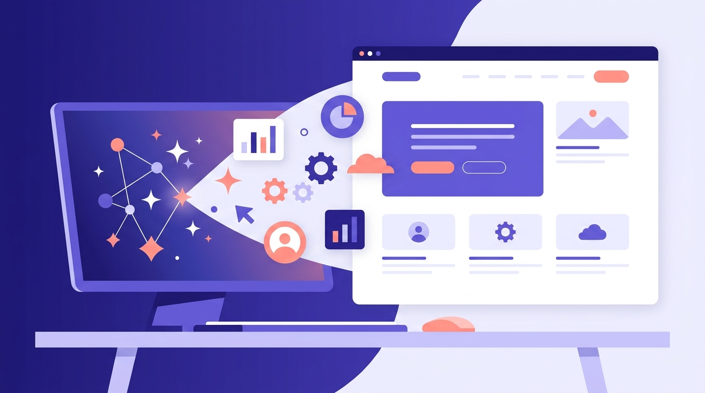 AI-generated vector shapes and icons flowing into a website layout during the design process